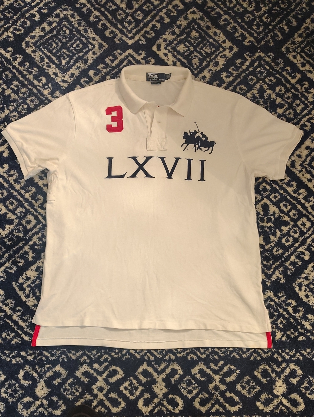 Polo by Ralph Lauren White Polo Shirt with Navy LXVII and Red Accents